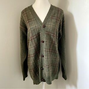 Vintage Marks and Spencer Lambswool Green Plaid Button Down Cardigan Size XL